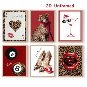 Set of 6: Red Fashionable Leopard Print Wall Art, Stylish Cheetah Canvas Wall Decor, Lucky No. 8 Ball Poster, Retro Aesthetic, Preppy-Style Room Artwork—Perfect for Girls' Bedrooms, Apartments, and Dorm Rooms. Frameless 2D Canvas Prints