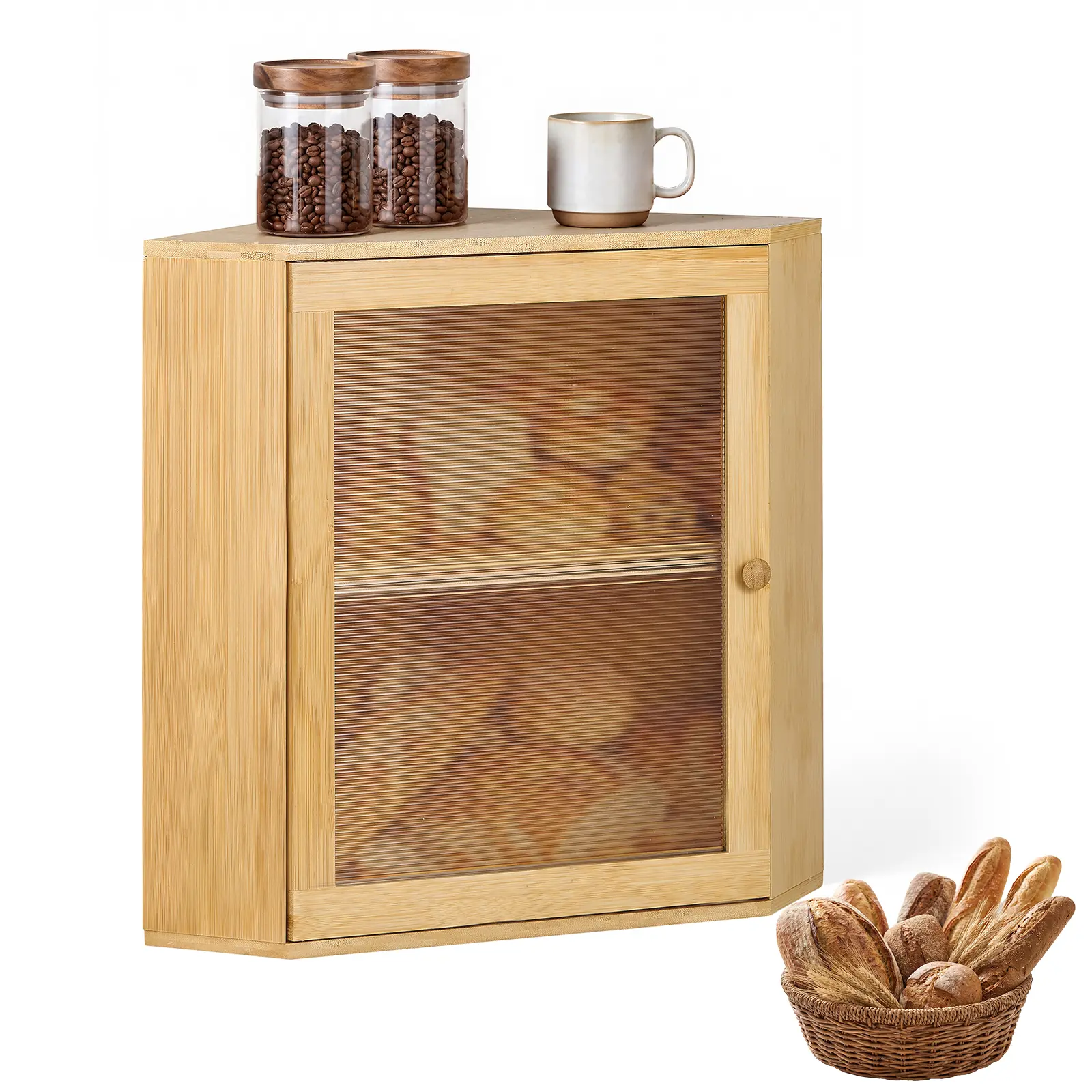VEVOR Corner Bread Box for Kitchen Counter Bamboo Wood Container Natural, for Homemade Bread, Under Cabinet, and Pantry, Double Layer Farmhouse Breadbox Bin, with Acrylic Door Panel and Air Vents