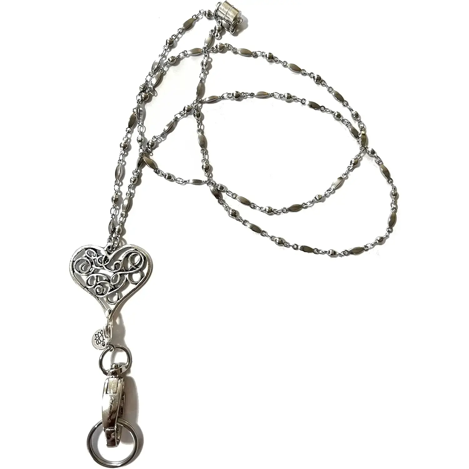 Women's Handmade Beautiful Jewelry Breakaway-Retractable Reel Lanyard with Strong Stainless Steel Chain, Heart ID Badge Holder, Holds Keys and Phone Securely for Teachers, Nurses - ID Badge Holder with Lanyard