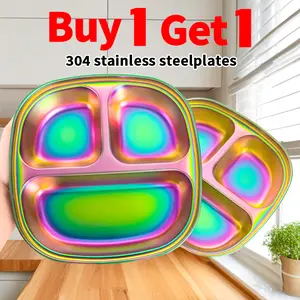 【2 pcs】304 Stainless Steel Plate Divided Plates,Designed, Non Toxic, BPA Free & Dishwasher Safe  Kitchenware Cutlery&Tableware Plates Buy 1 Get 1 [2 Pcs] Rainbow Color