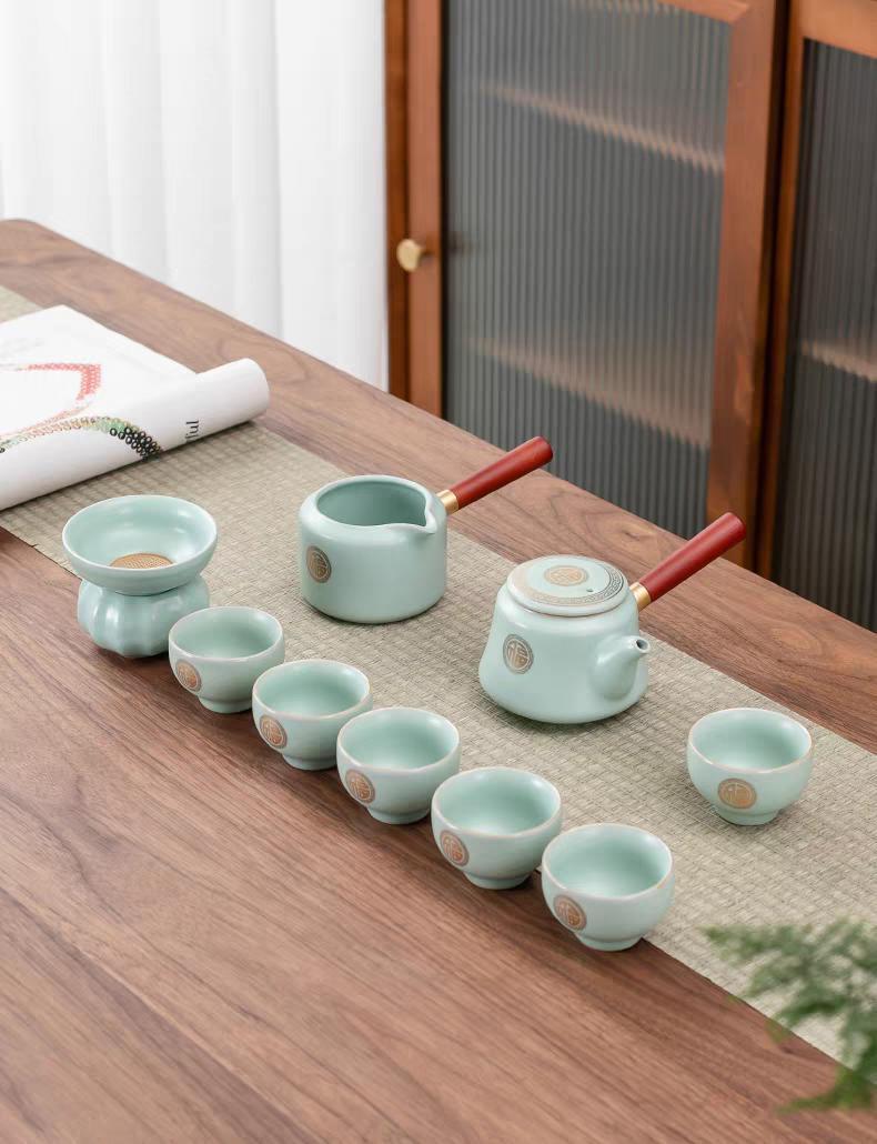 Golden Fortune Ru Kiln Tea Set 10pcs Elegant Ceramic Teapot & Cups in Blue Leather Case Perfect for Tea Enthusiasts