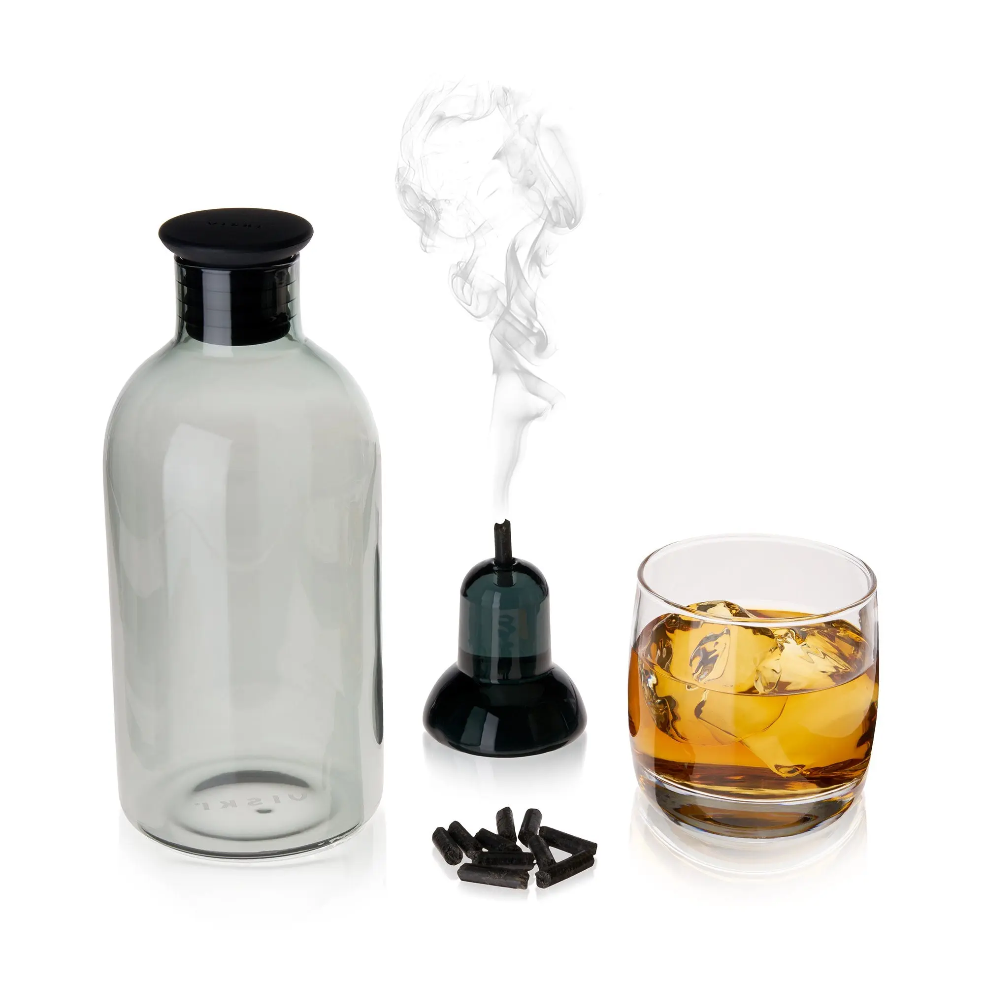 Matte Black Whiskey Smoking Cocktail Bar Set - Purpose-Built Home Bartending Kit with 20 Charcoal Pellets, Bar Utensils, 1 Glass Infuser Carafe, Recipe Book, Smoke Rinse Method, Hand Wash Only