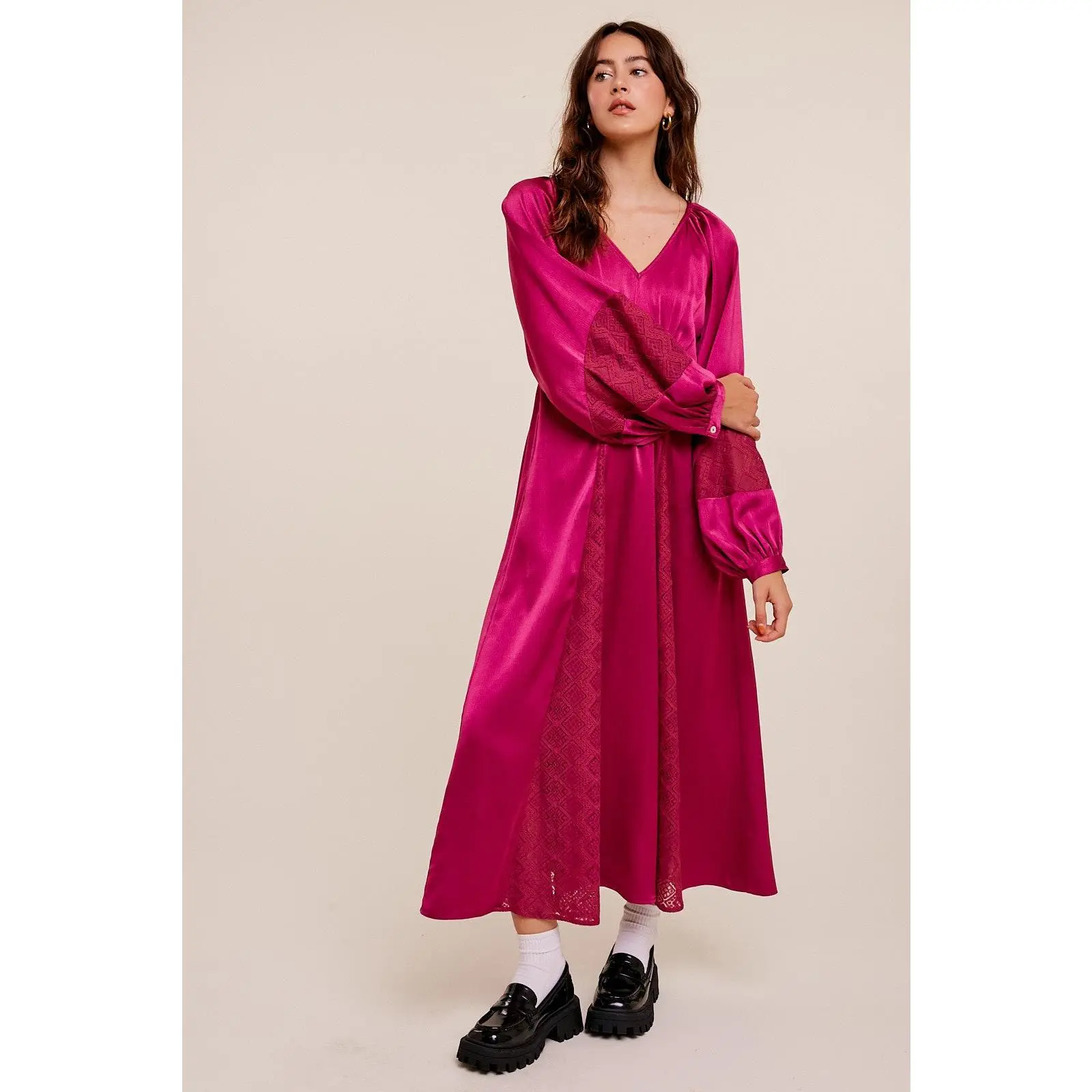 Women's Pink Magenta Party Dresses, Pleated V-Neck Maxi Dress with Lace Detailing for Formal Wear, Pink Magenta Pleated Party Dresses