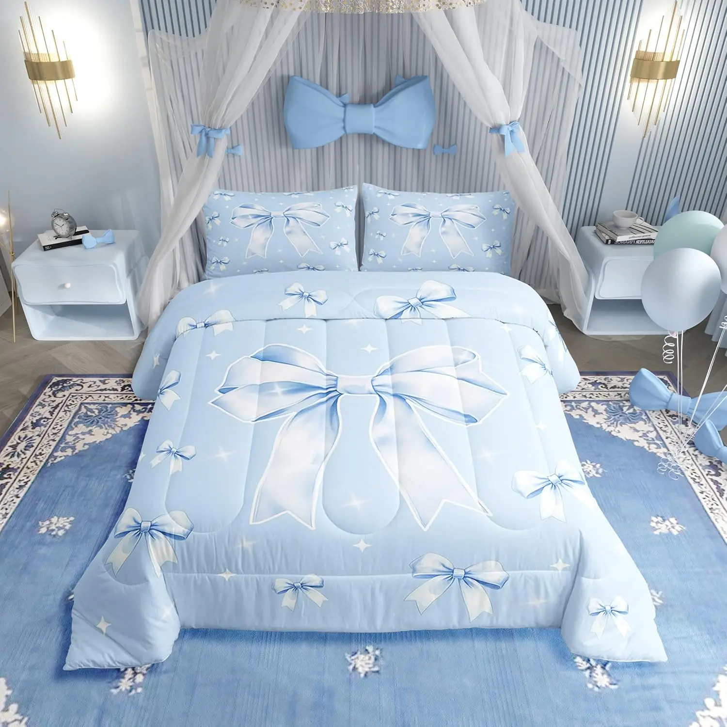Blue Bowknot Comforter Set Cute Princess Style Bedding Set Ribbon Bows Bedding White Stars Print Quilt Bed Set Bedroom Decor