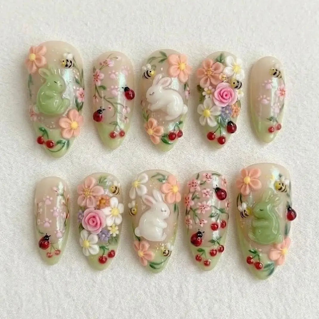 3D Bunny Press On Nails / Cute Rabbit Nails / Spring Garden Nails / Kawaii Floral Nails / Handmade Pastel Nail Art