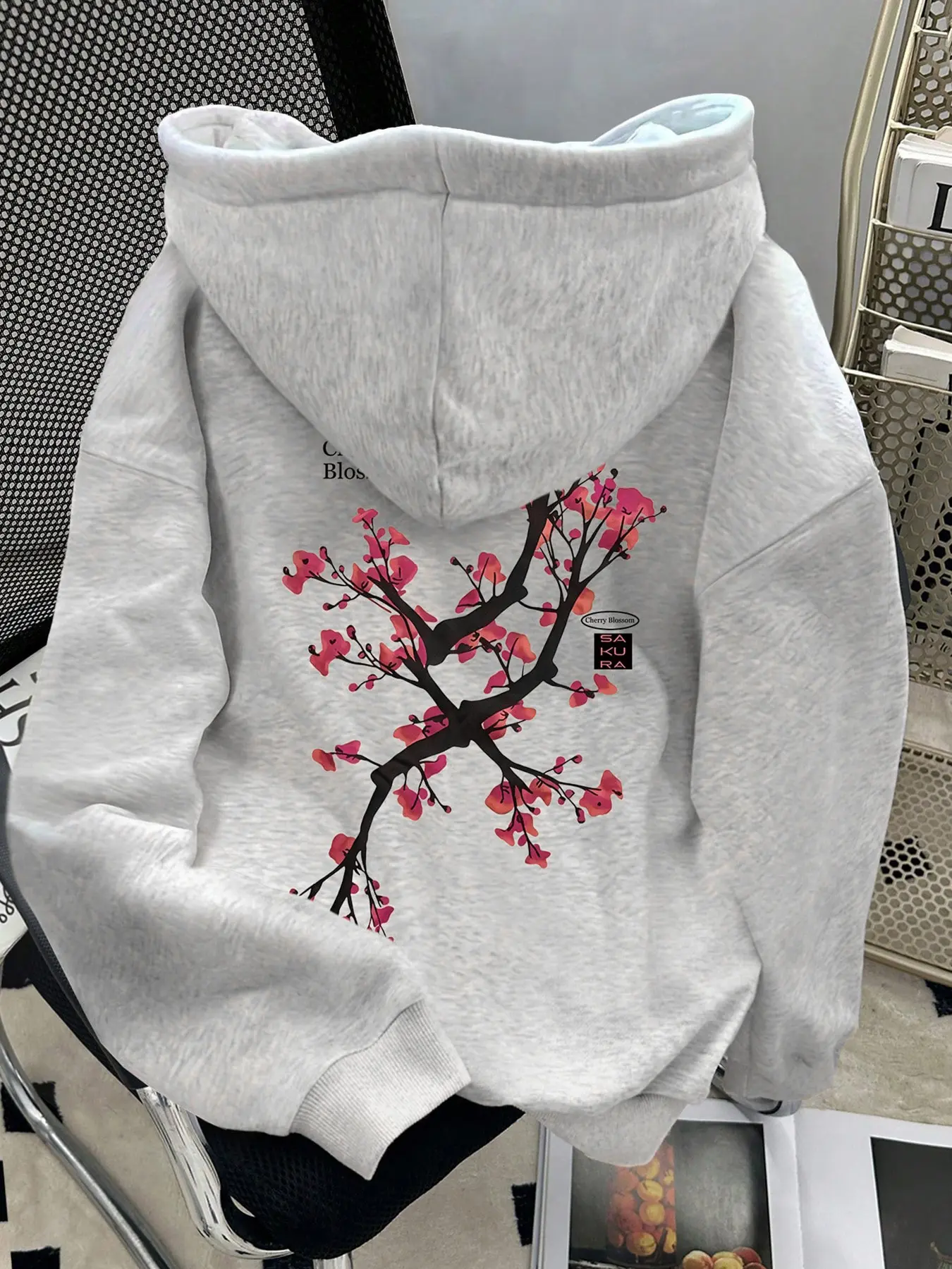 Women's Autumn Winter Homeewear Floral Cherry Blossom Print Hoodie, Casual Loose Fit Hooded Drawstring Pocket Sweatshirt, Daily Holiday Wear