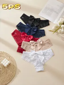 Women's Underwear Set, Casual Sexy Bow Design, Peach Butt Soft Lace Breathable Cut-Outs, Comfortable Mid-Waist Triangle Panties, Valentine Gift, Lace Trim Briefs