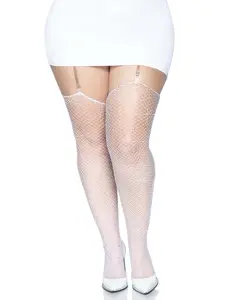 Leg Avenue Women's Plus-Size Brielle Rhinestone Fishnet Stockings - White, 1X-2X, Lingerie, 1-Piece Hosiery with Belt Accents