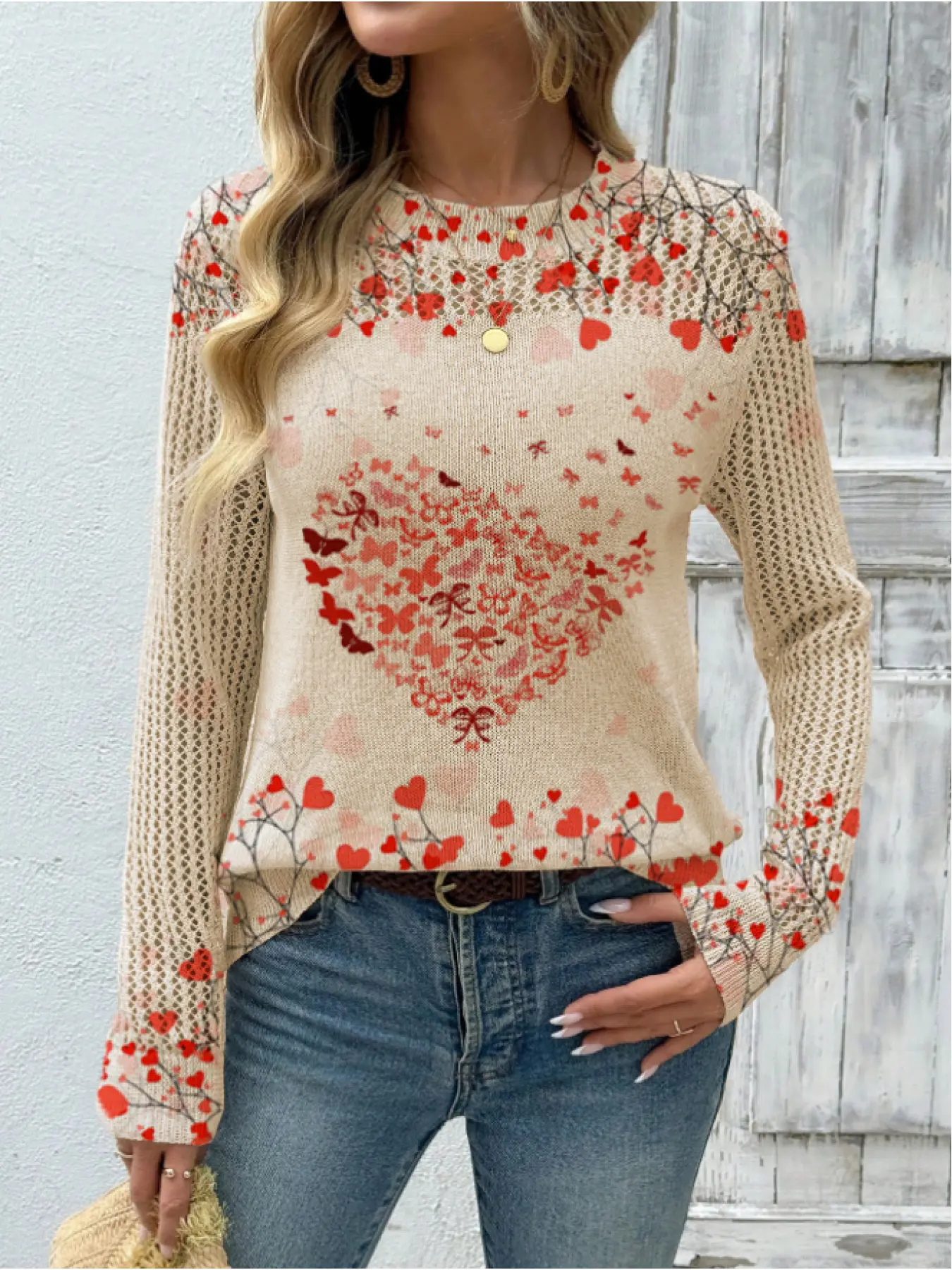 Women's Heart Print Stand Collar Sweater, Fall Winter Casual Long Sleeve Knitted Sweater, Comfortable Warm Daily Wear, Elegant Fitted Top