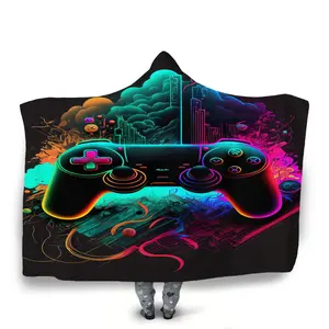 Comfortable Cartoon Game Handle Hooded Blanket, Thick Napping Wearable Blanket, Soft Warm Plush Throw for Home Decor, Bed, Sofa, Camping, Cozy Hooded Blanket