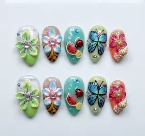 3D Tropical Summer Press On Nails Butterfly Watermelon Flower And Shell Embellishments