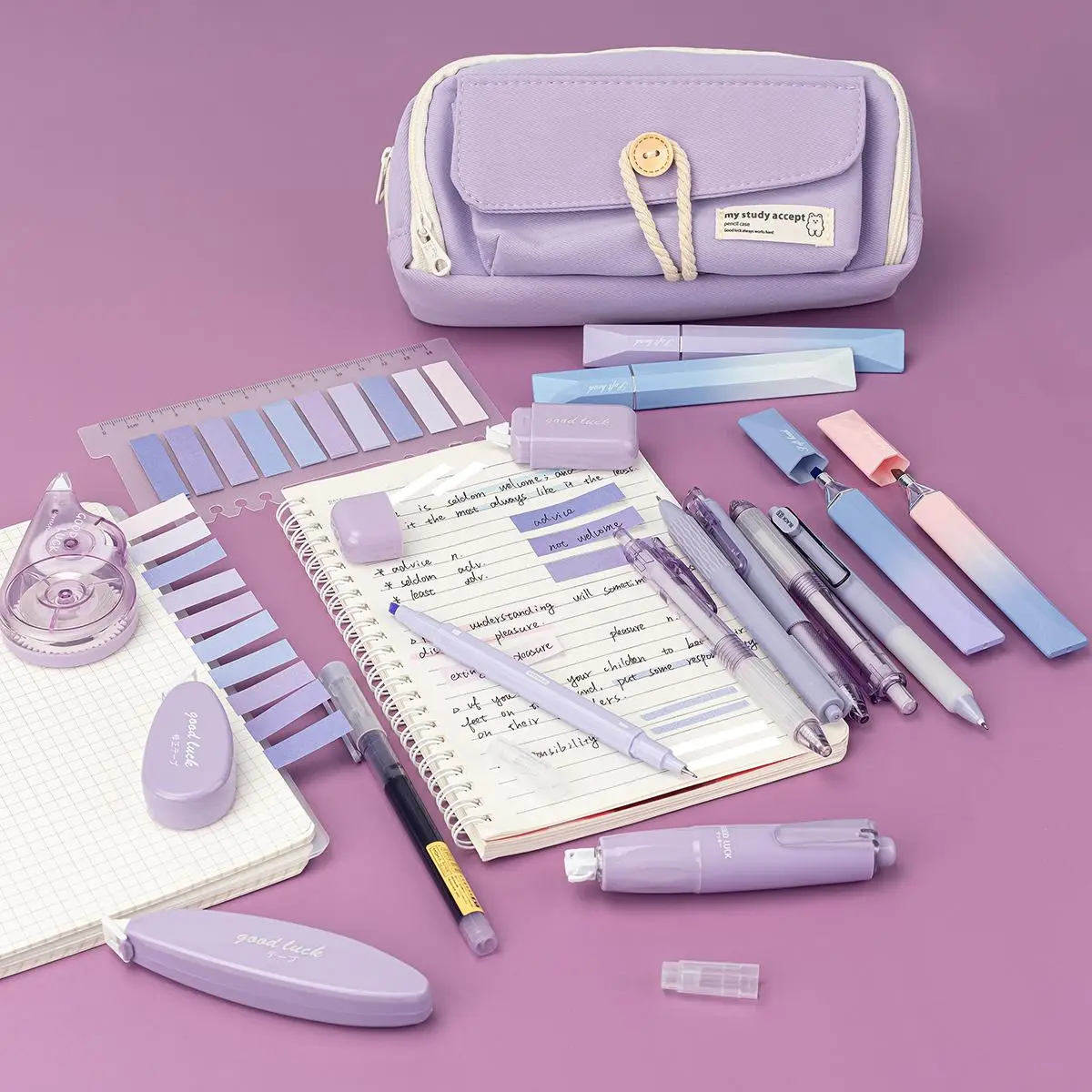 School Supplies Writing Stationery Set, 18pcs/set Including 7 Gel Pens, 4 Highlighters, 1 Index Sticker, 1 Pencil Case, 5 Correction Tapes, Student St