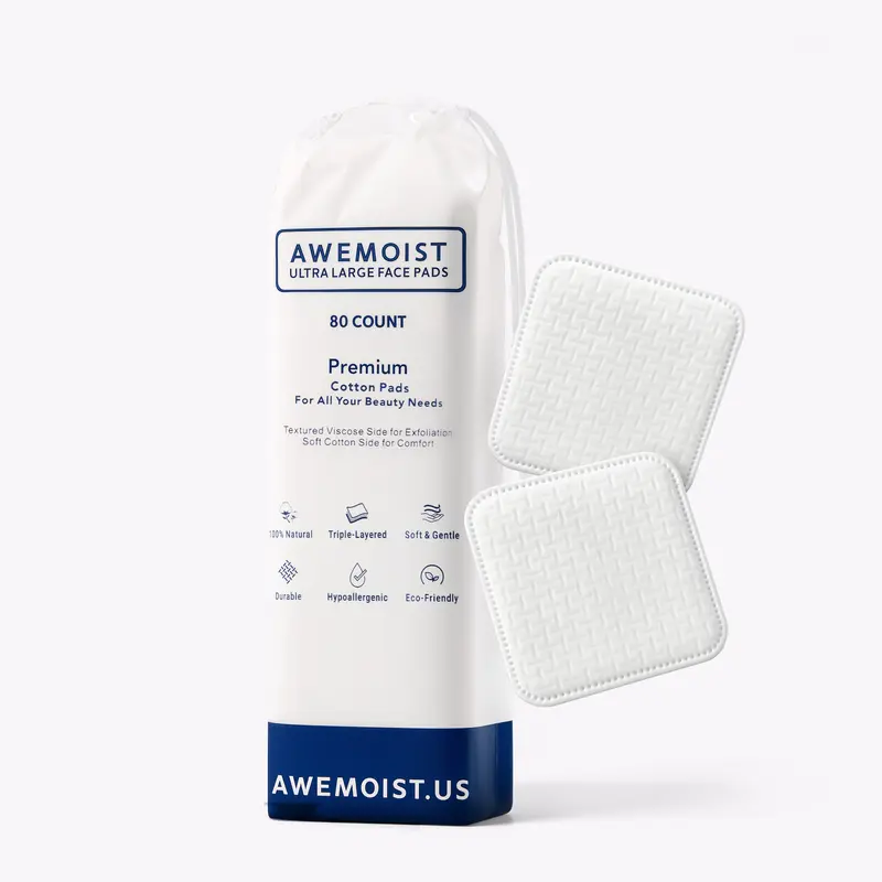 ULTRA LARGE FACE PADS, AWEMOIST Premium Cotton Pads, 80 Counts - 3-Layer Makeup Remover Pads and Skincare apply Pads for Face, 100% Natural Component, Tear and Shed Resistant, Cotton Rounds, Cotton Pads for Fac