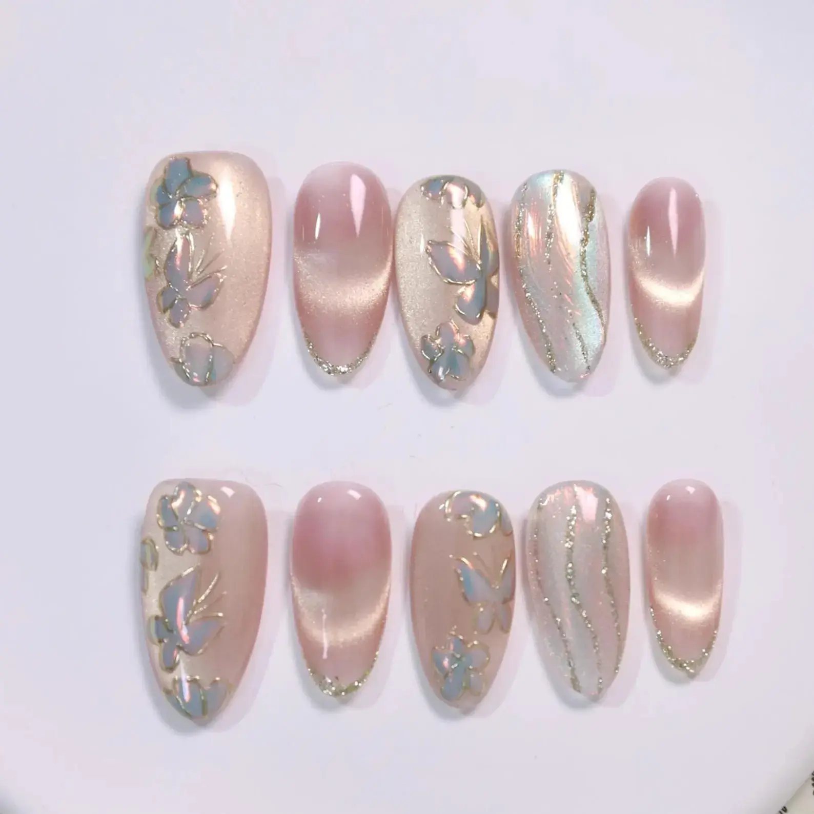 Pink Butterfly Press On Nails, Iridescent Cat Eye Nails, Handmade Shimmer Nail Art Set, Elegant Reusable Nails for Wedding and Party