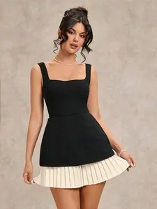 Women's Romantic Sweet Black And White Color Matching Ruffled Detail Pleated Dress, Suitable For Dating, Outings In Spring/Summer, Layering In Autumn Business Casual Woman,Valentine's Day,Valentine Outfits For Women
