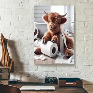Cute Scottish Highland Cow Bathroom Themed Canvas Print - Wooden Framed Wall Art, suitable for living room, bedroom, and kitchen | Perfect home and office decor gift.