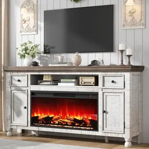 [Ships in 2 Boxes] VanAcc 68" Farmhouse Fireplace TV Stand with 7 Color Electric Fireplace, Solid Wood Media Entertainment Center for 78" TVs, Rustic Highboy TV Console Cabinet with Storage, White and Brown