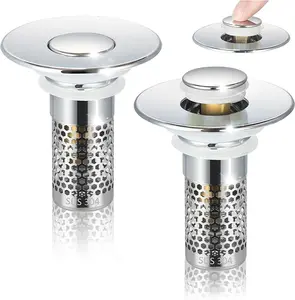 Brass Pop-Up Drain Plug with Bouncing Core, Universal Stainless Steel Anti-Odor Sink Stopper and Bathtub Drain with Hair Catcher & Removable Filter Basket for Easy Cleaning, Modern Home Goods