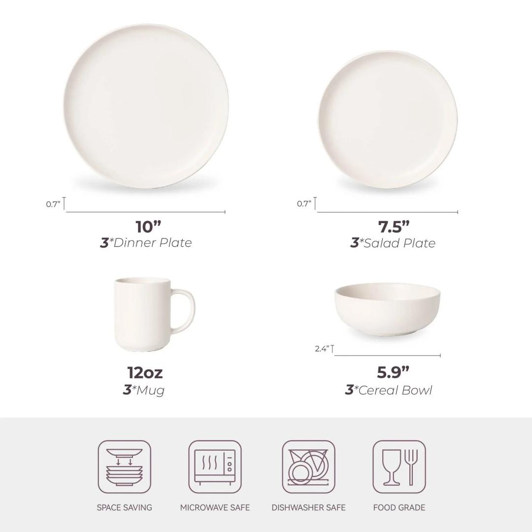 12-Piece Stoneware Dinnerware Sets With Mugs  Microwave  Dishwasher Safe  Non-Toxic Dinner Plates Bowls Set  Stackable Matte Glaze Kitchenware For 3