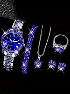 6pcs Full Diamond Luxury Bracelet Watch Set Women's Time Quartz Watch Exquisite Five Piece Set Starry Blue