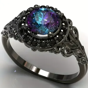 Vintage Gothic Style Synthetic Rainbow Stone Ring with Imitation Black Zirconia - Alloy Band, December Birthstone, Versatile for Daily Wear and Special Occasions