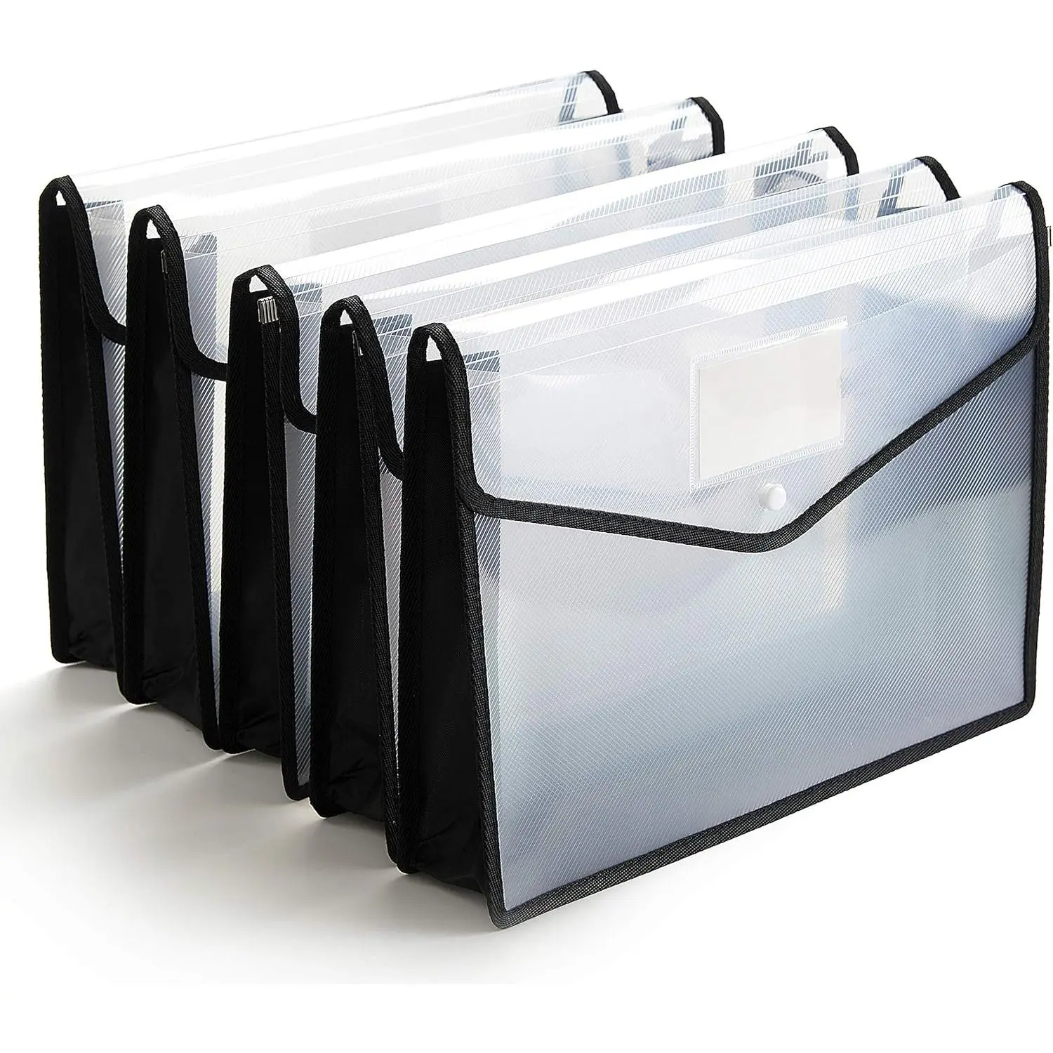 Plastic File Folder Poly Envelope Expanding File Wallet Document Folder with Snap Button Closure, Legal Size, 5 Pack Large Waterproof Accordion File Pouch (Transparent&Black)