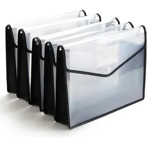 Plastic File Folder Poly Envelope Expanding File Wallet Document Folder with Snap Button Closure Legal Size 5 Pack Large Waterproof Accordion File Pouch Transparent&Black