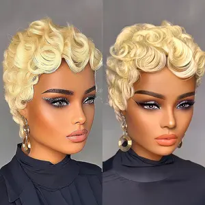 613 Pixie Cut Wigs 100% Human Hair Short Wigs for Black Women Glueless Layered Pixie Cut Curly Wigs With Bangs 150% Density Blonde Glueless Wigs Human Hair No Glue Short Curly Wig