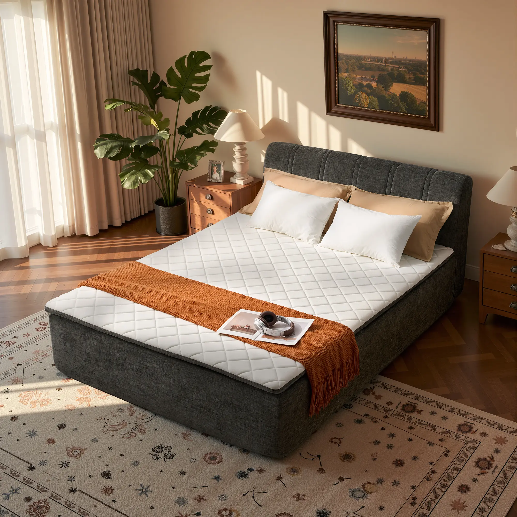 【Summerfinds】Ovios Queen Hybrid Mattress with Removable Upholstered Headboard, Mattress & Bed Frame in One Box, No Assembly Required, Memory Foam, Individually Pocketed Springs, Medium Firm Support, Motion Isolation, Pressure Relief, CertiPUR-US Certified