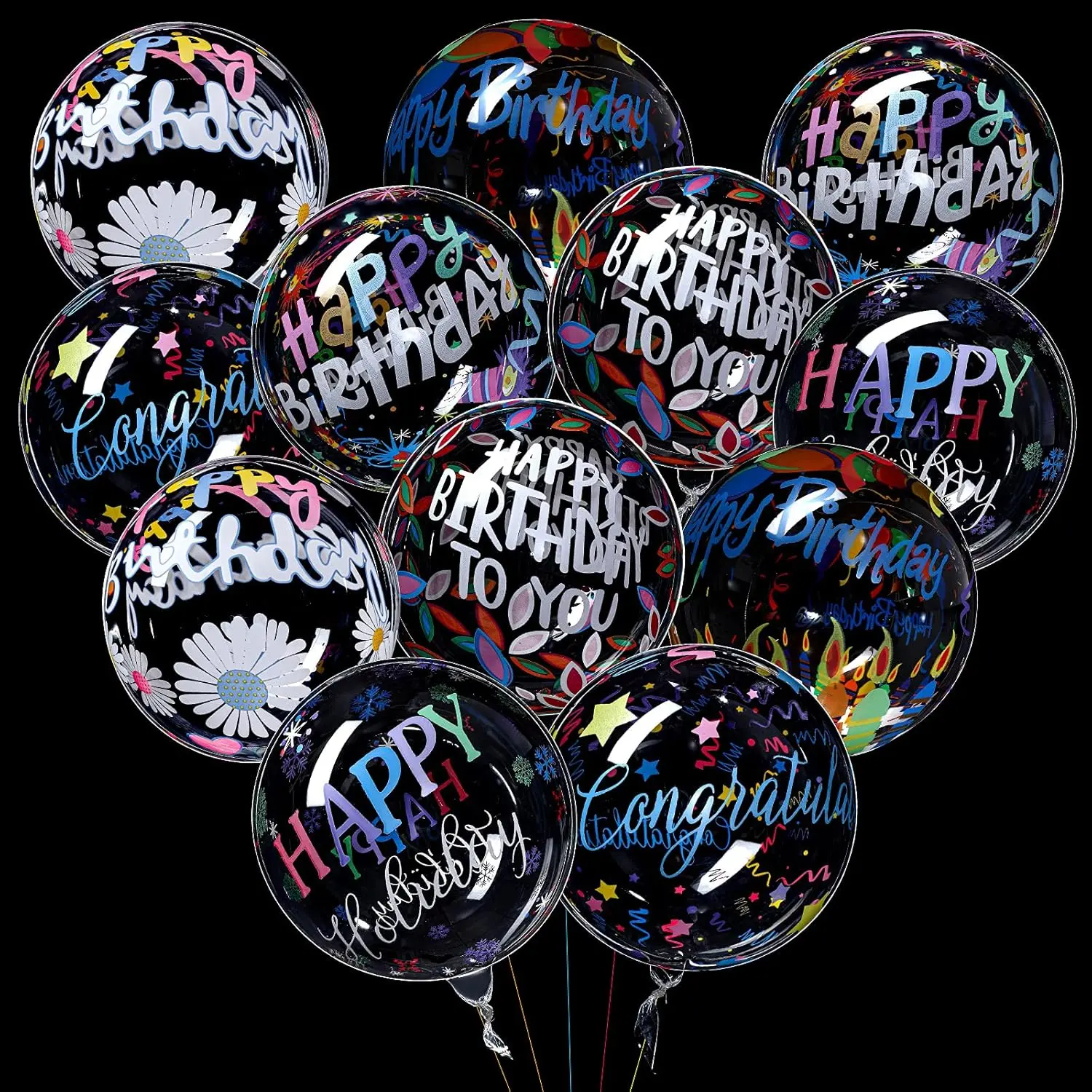 12 Pieces Happy Birthday Transparent Bobo Balloons - Clear Round and Colorful 4D, 20 Inches for Party, Wedding, Shower Decoration