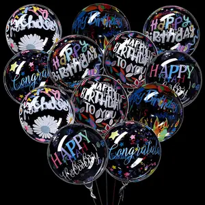 12 Pieces Happy Birthday Transparent Bobo Balloons - Clear Round and Colorful 4D, 20 Inches for Party, Wedding, Shower Decoration