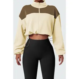 Color Block Drawstring Cropped Athleisure Jacket