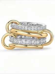 14K Gold Plated Interlocked Stackable Rings for Women - Unique Rings - Statement Mixed Metals Multi Ring Stack - Cubic Zirconia Two-Toned Connected Bands Stacking Modern Jewelry