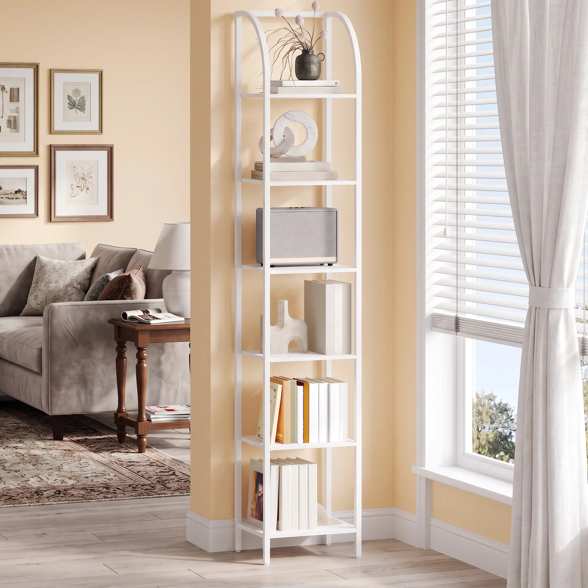 Hzuaneri Open Industrial Arch-Top 3-Layer Narrow Bookcase Kit, Tall Steel-Frame Storage Rack, Skinny Display Shelf for Study & Living Room House Reset, Indoor Furniture for Home Office, Open Industrial Bookshelf, Bookshelf