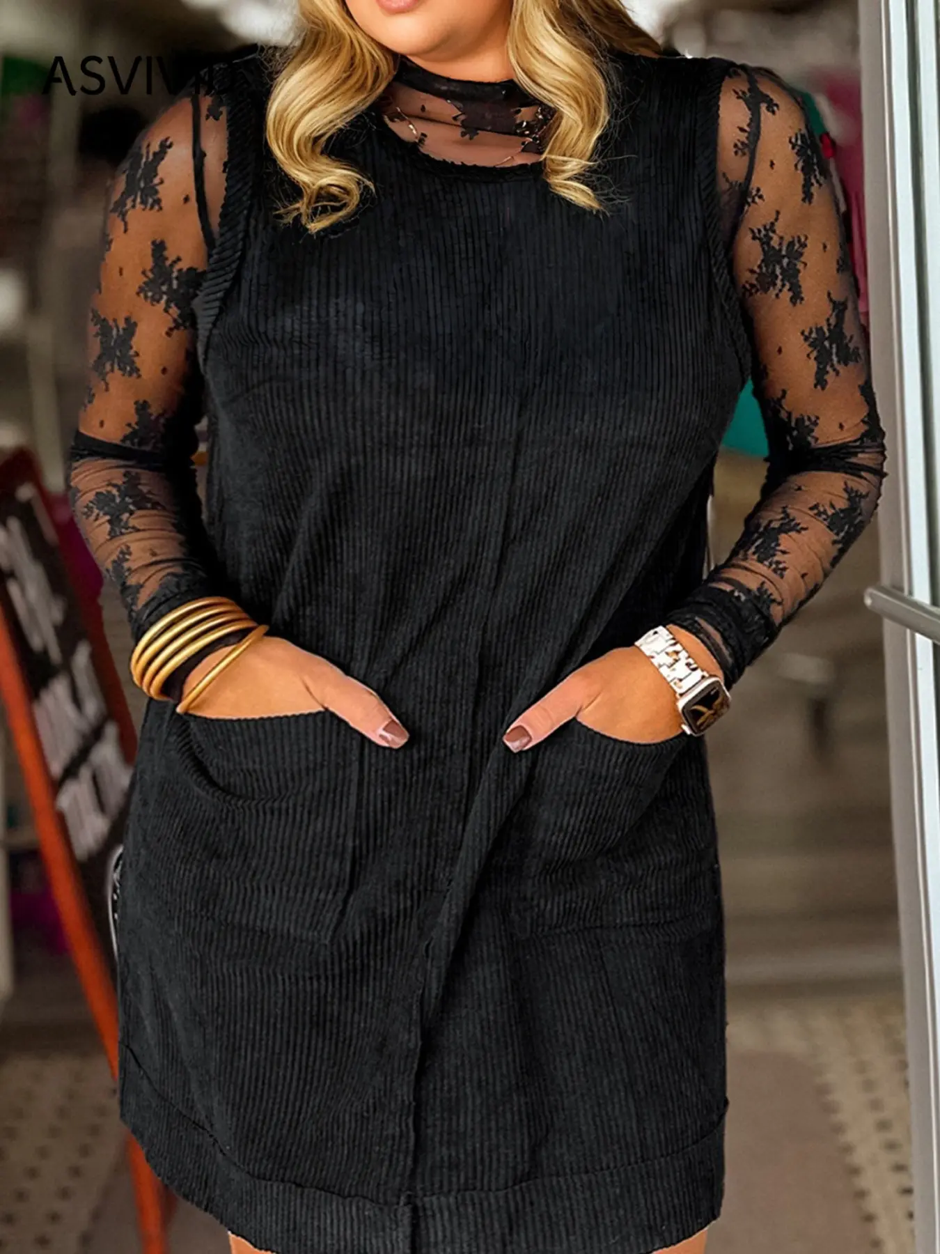 【Plus Size】Solid Corduroy Patch Pocket Sleeveless Mini Dress, Casual Dress for Spring & Fall, Women's Plus Clothes for Daily Wear