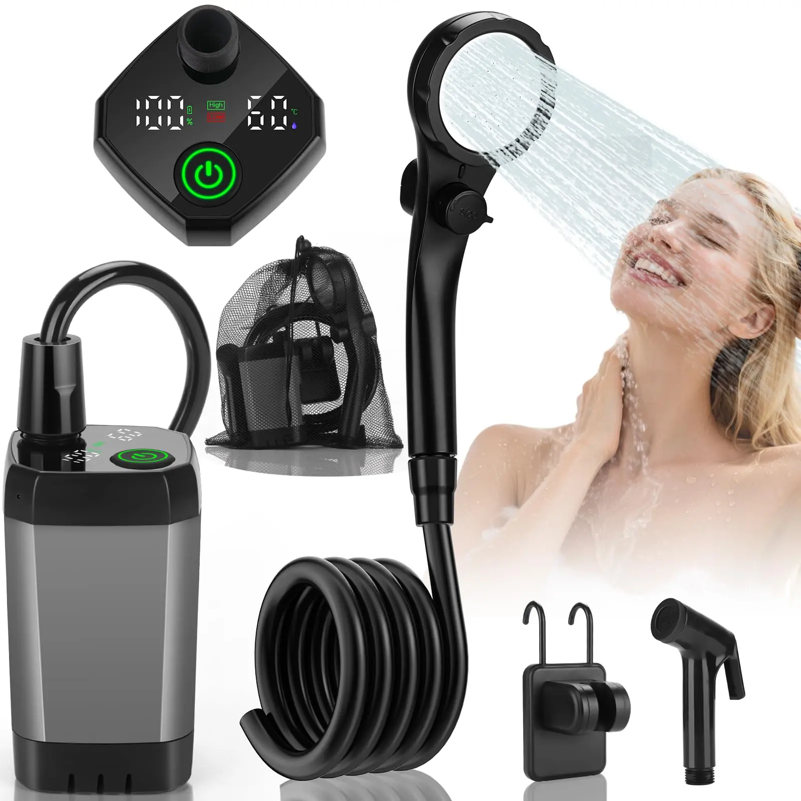 Portable Camping Shower with 6000mAh Rechargeable Battery, LED Battery and Temperature Display, Adjustable Water Flow, USB-C Outdoor Shower Kit for Travel, Beach, Pet Care and Car Washing