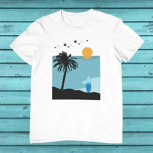 Women's tropical beach aesthetic Graphic T-Shirt - Short Sleeve Crew Neck Regular Fit Casual Wear |   Soft & Breathable Fabric, Durable Print, Everyday Comfort, Machine Washable, minimalist sunset at a sandy beach with palm tree, surfboard, and birds flyi