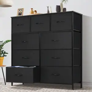 9‑Drawer Tall Fabric Dresser Storage Tower, Grid Clothes Organizer Cabinet with Wood Top, Steel Frame & Easy‑Pull Handles, Tall Chest for Bedroom Entryway Hallway Closet, Charcoal/White