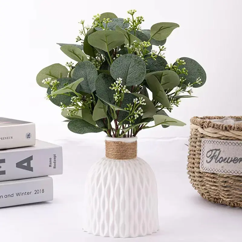 1PC Scandinavian Decorative Vase - Modern Twine-Wrapped Plastic Vase with Minimalist Water Ripple Design, Transparent Body, Wide Stable Base, Home Decor Accessory for Small Flower Arrangements, Decorative Vases White