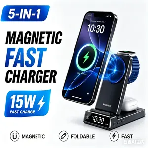 Bespoke 5-in-1 magnetic charging station supports Samsung phones/other Android phones (Galaxy S26 and above), Galaxy Watch/Pods, iPhone 12-17/AirWatchPods, offering 15W fast charging.  Elecdov CE19 features vents, a foldable design, a bedside clock