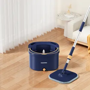 Homettler Upgraded Navy Spin Mop & Bucket System with Dual Compartment for Clean & Dirty Water Separation, Washable Microfiber Pads for Wet & Dry Use, Ideal for Hardwood, Tile, and Laminate Floors