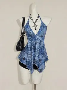 Meghana Women's Vacation Bohemian Style Floral & Butterfly Print Halter Neck Camisole Blue Floral Summer Top Butterfly Print Halter Top