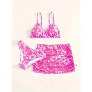 3-piece bikini swimsuit set for girls, casual cute swimsuit, summer Hawaiian beach outfit, swimming
