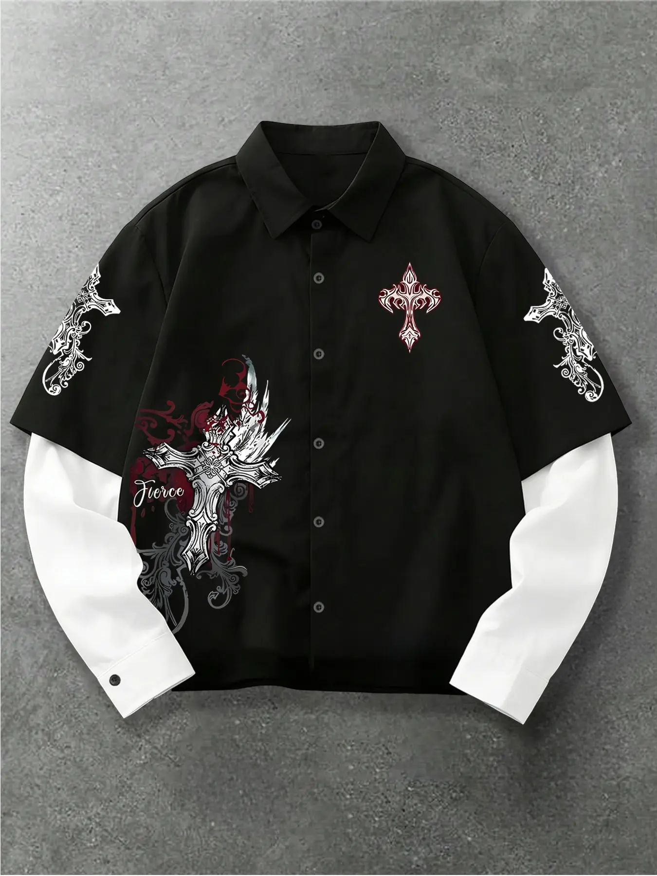 Unisex Gothic style t-shirt with Gothic rune angel and thorn Gothic totem pattern, Graphic print, suitable for spring and autumn, features a faux two-piece design, perfect for streetwear, Y2K style, Gothic fashion, couple outfits, Top