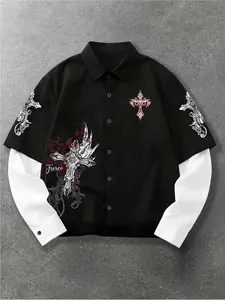 Unisex Gothic style Fitted t-shirt, Top with Gothic rune angel and thorn Gothic totem pattern print, suitable for spring and autumn. Features a faux two-piece design. Perfect for streetwear, Y2K style, Gothic fashion, hip-hop/rap style, couple outfits