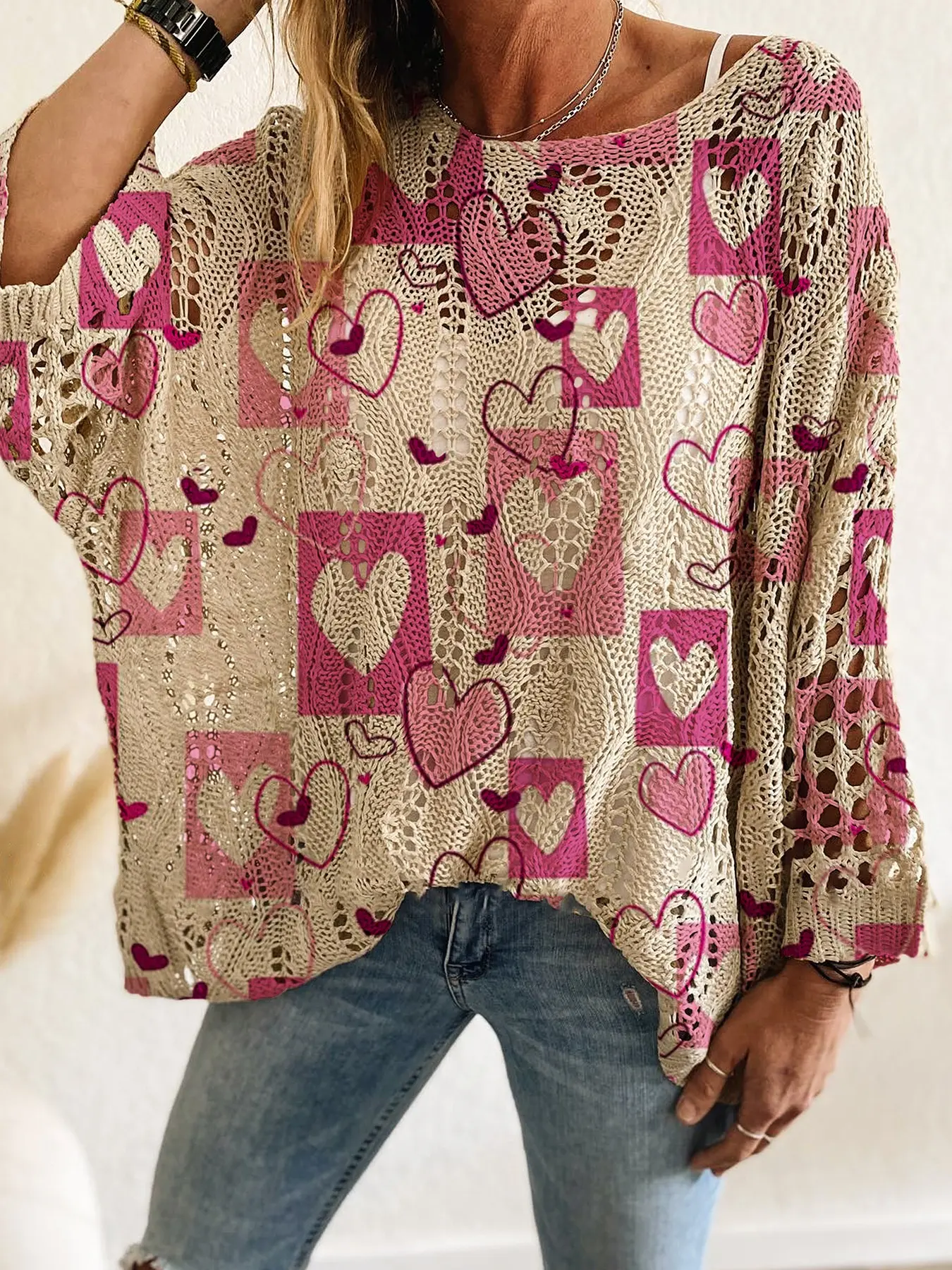 Women's Casual Long Sleeve Heart Print Knit Top, Knitwear, Spring Summer Fashion, Loose Fit Batwing Shoulder, Holiday Style, Ladies' Vest Cover-Up