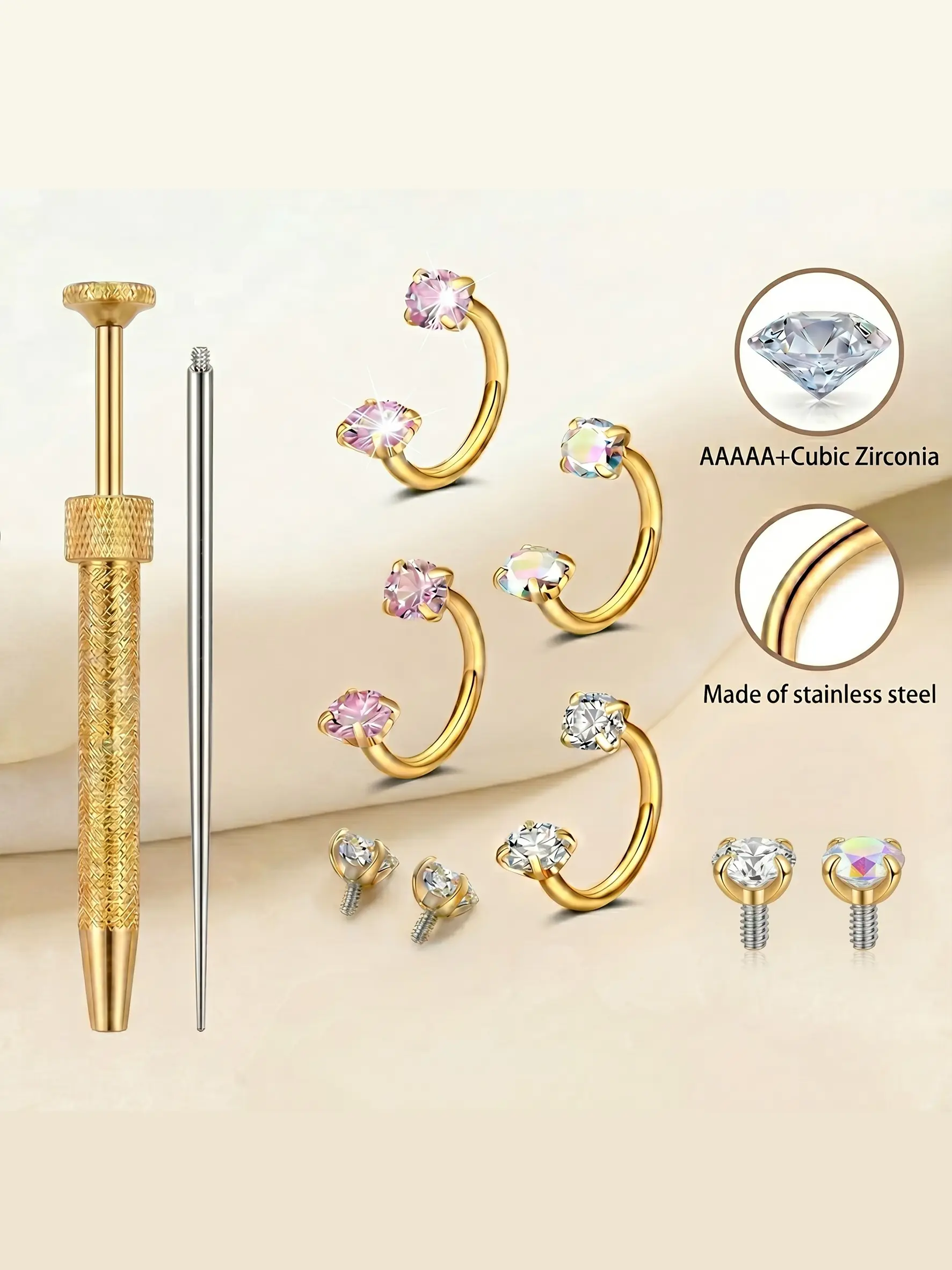 A Set Of Heart Hoop Nose Rings, Body Piercing Jewelry, Internal Threaded Stainless Steel 18gauge 8mm Hoops, Zircon Embedded, Party & Graduation Fashion, Birthday Gift, All Seasons