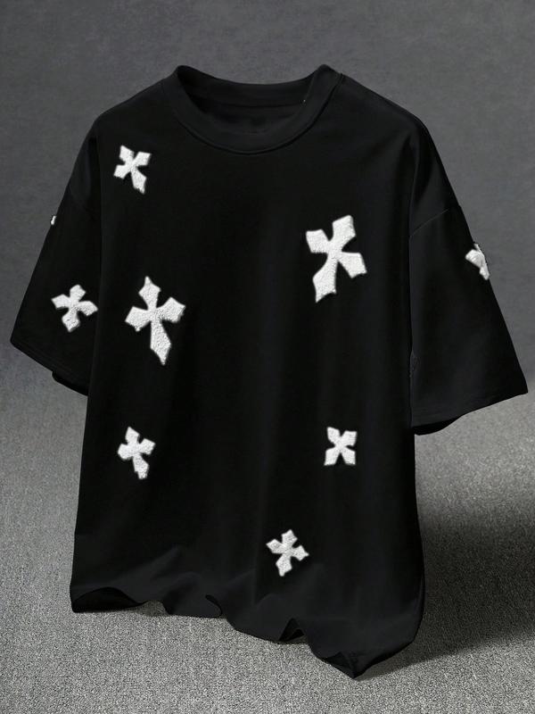 Men's Cross Stitch Embroidered Solid Color Round Neck T-Shirt, Casual Fit Streetwear, Casual Fitted Long Sleeve Top for All Seasons, Sporty College Style