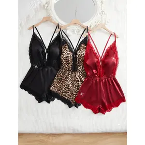 3pcs Solid Color Leopard Print Women's Erotic Pajamas Set, Deep V-neck Crossover Design Bodysuit for Backless Sexy Sleepwear