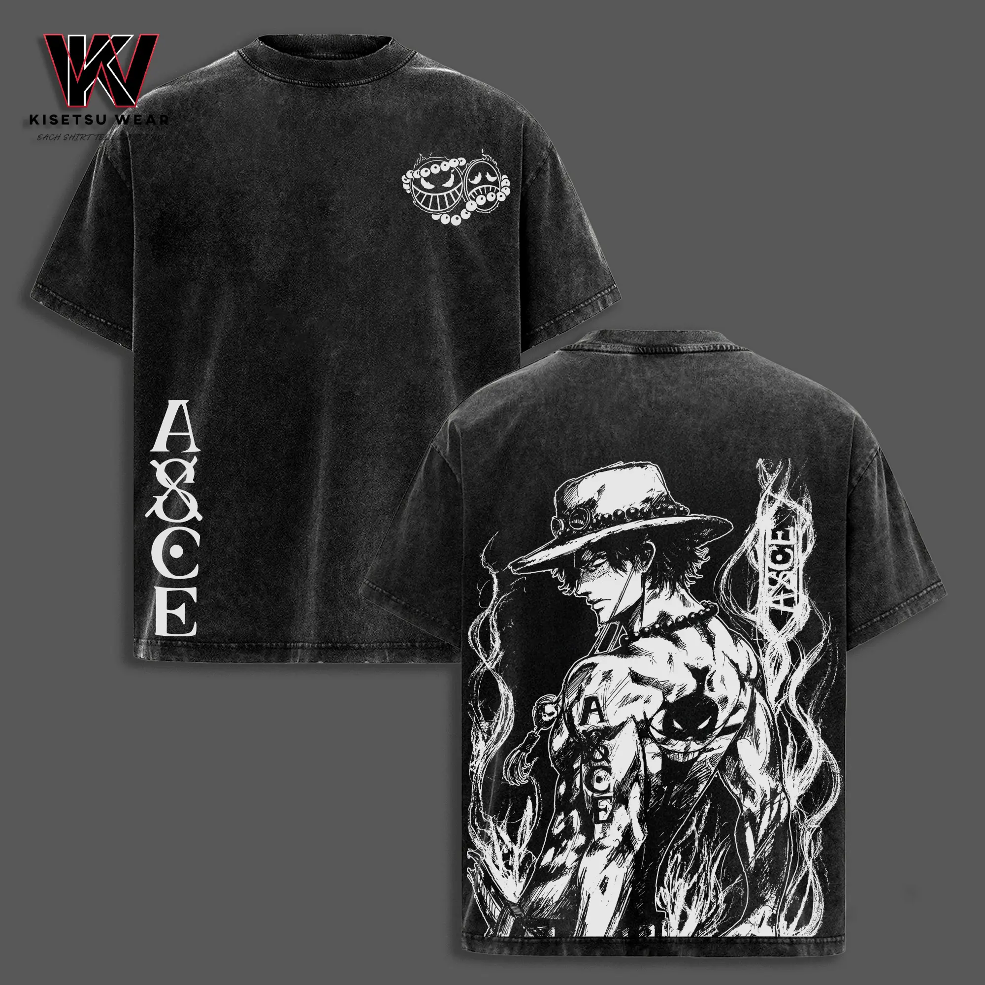 Portgas D. Ace Shirt – One Piece Washed Oversized Tee, Fire Fist